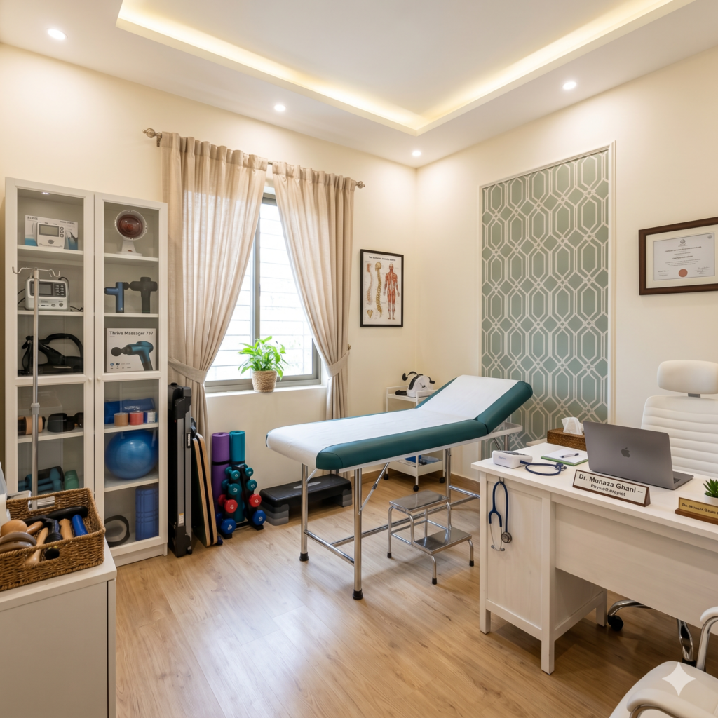 Dr. Munaza Ghani physiotherapy clinic room in Lahore with examination couch, electrotherapy equipment, TENS machine, infrared lamp, exercise tools and professional medical setup